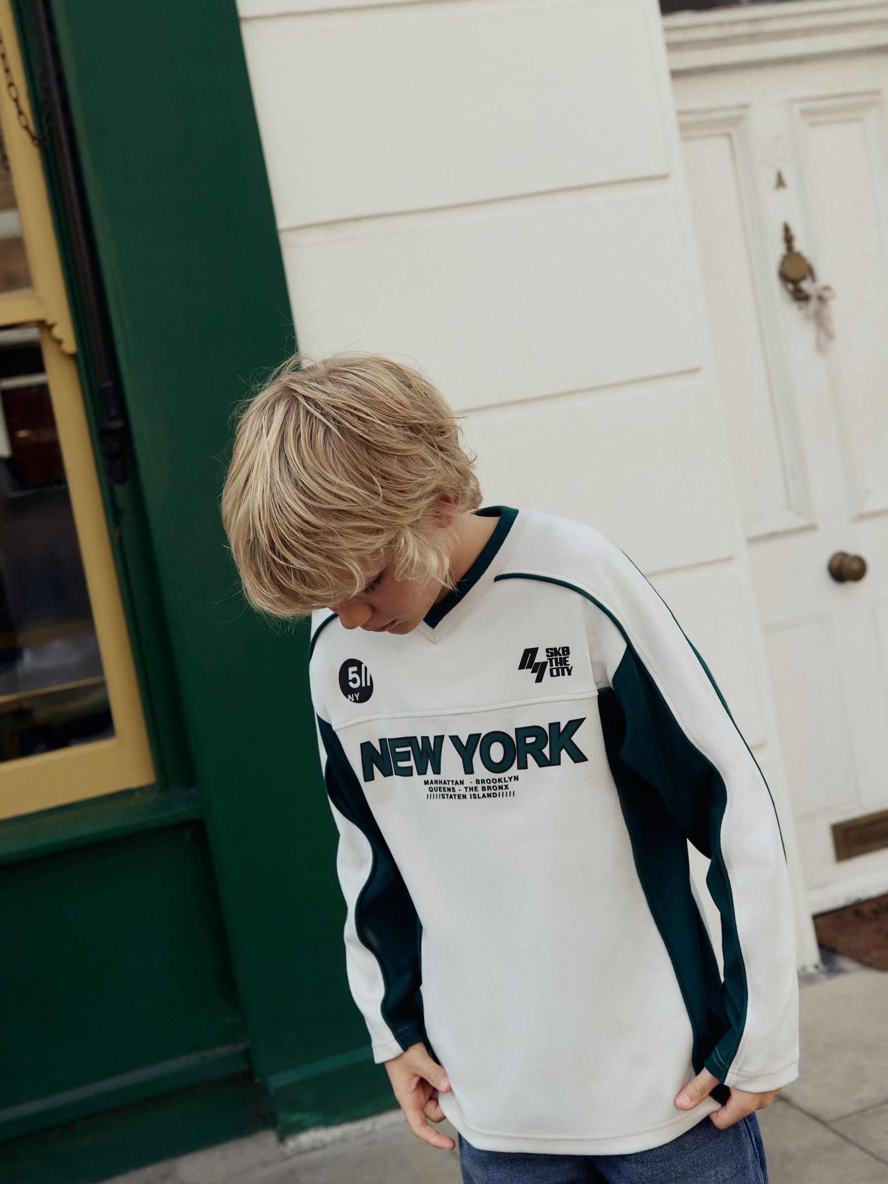 Dsiney Kidz - Ecru/Green Varsity Long Sleeve Cotton T-Shirt (3-16yrs) image 1