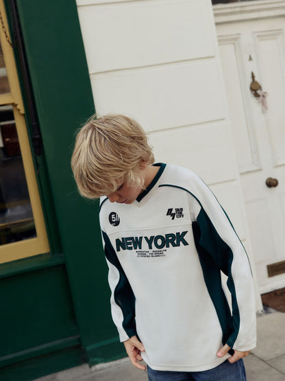 Dsiney Kidz - Ecru/Green Varsity Long Sleeve Cotton T-Shirt (3-16yrs) image 1