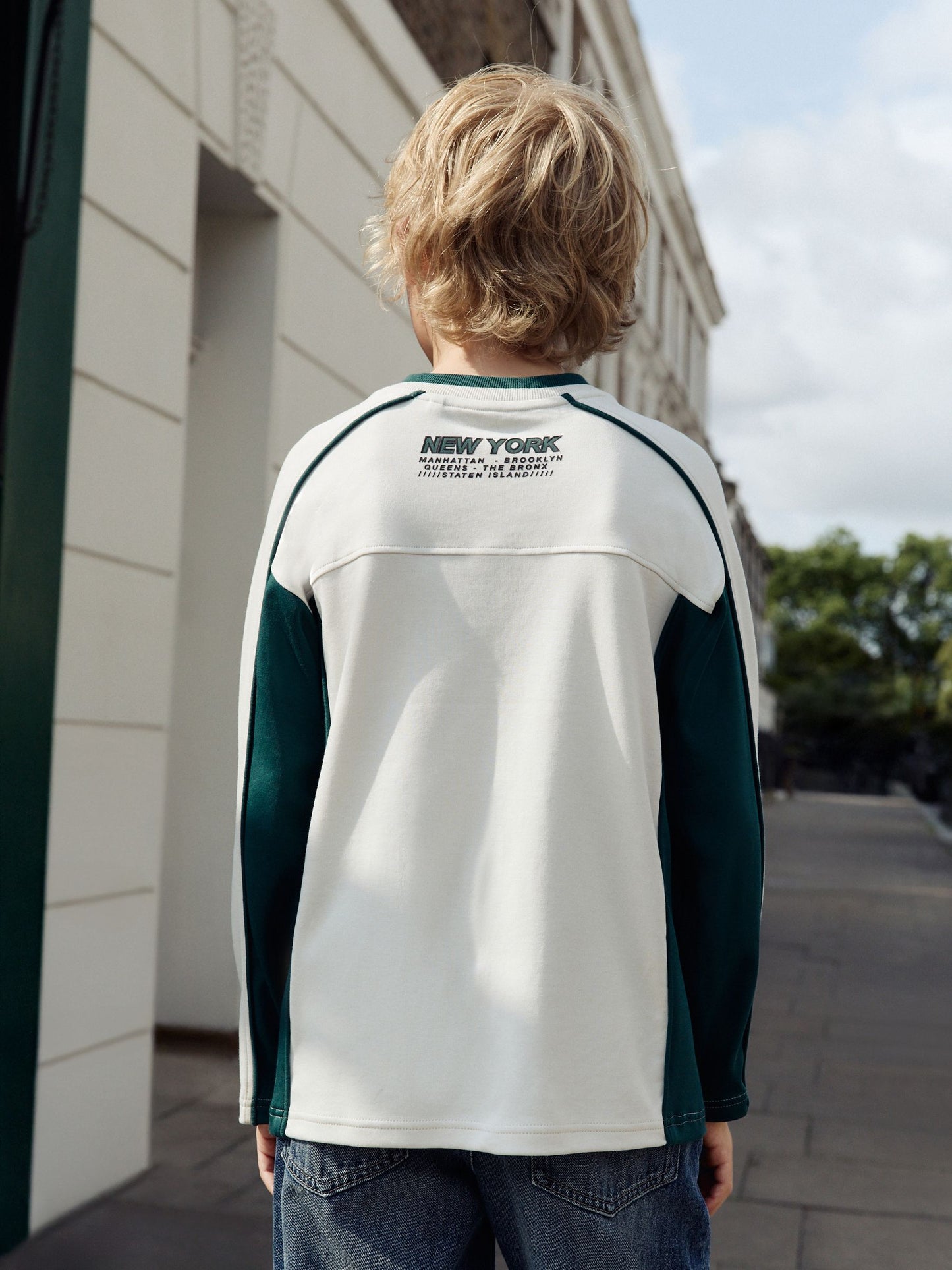 Dsiney Kidz - Ecru/Green Varsity Long Sleeve Cotton T-Shirt (3-16yrs) image 3