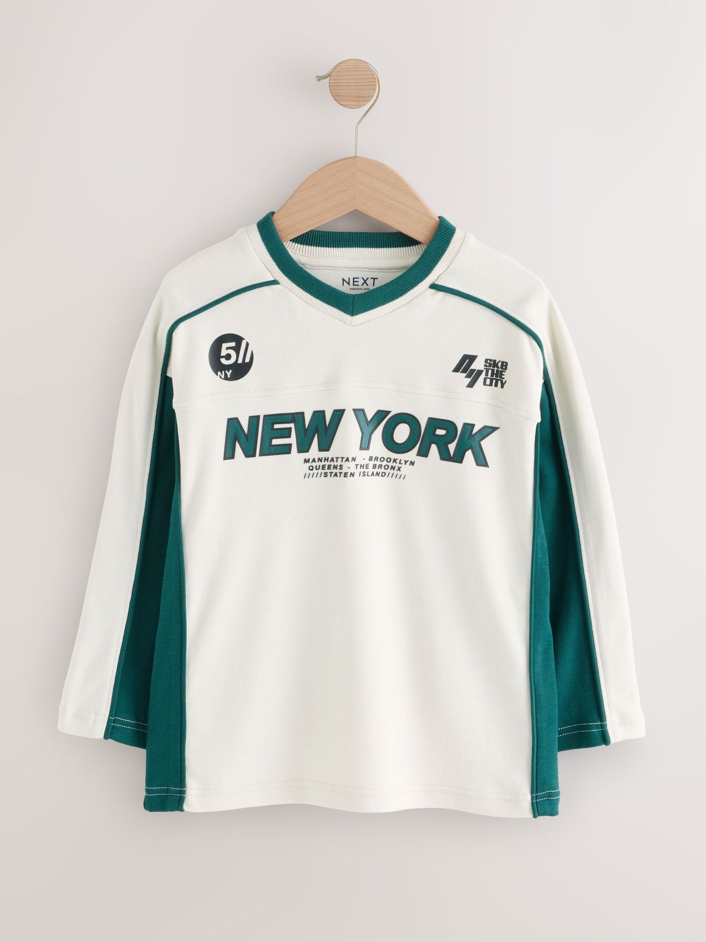 Dsiney Kidz - Ecru/Green Varsity Long Sleeve Cotton T-Shirt (3-16yrs) image 5