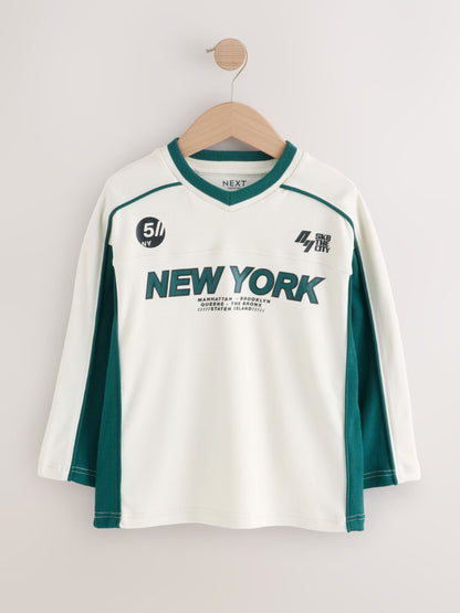 Dsiney Kidz - Ecru/Green Varsity Long Sleeve Cotton T-Shirt (3-16yrs) image 5