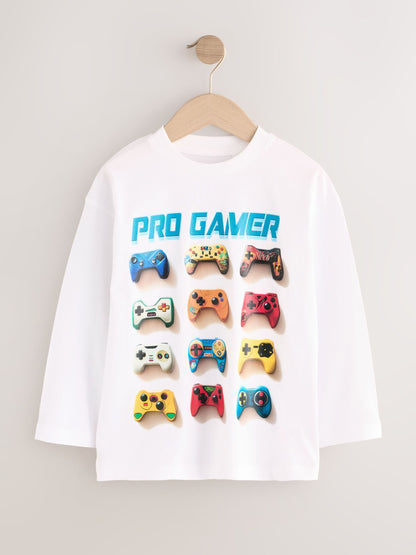 Dsiney Kidz - White Gamer Relaxed Fit Graphic Long Sleeve Cotton T-Shirt (3-16yrs) image 1