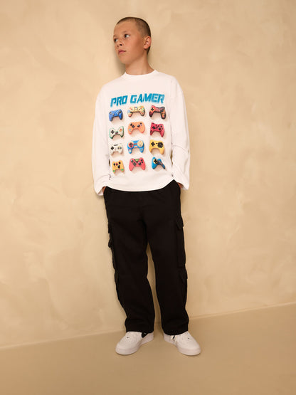 Dsiney Kidz - White Gamer Relaxed Fit Graphic Long Sleeve Cotton T-Shirt (3-16yrs) image 3