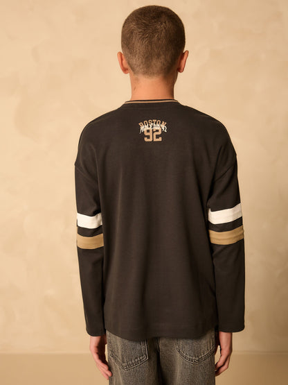 Dsiney Kidz - Charcoal Grey Varsity Long Sleeve Cotton T-Shirt (3-16yrs) image 3