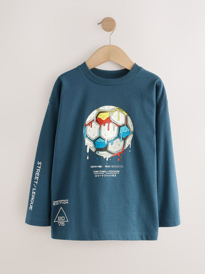Dsiney Kidz - Mid Blue Football Relaxed Fit Graphic Long Sleeve Cotton T-Shirt (3-16yrs) image 1