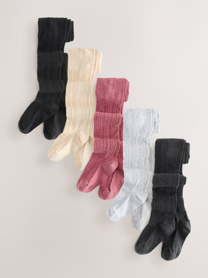 Pink/Charcoal Grey and Cream Cotton Rich Cable Tights 5 Pack image 1