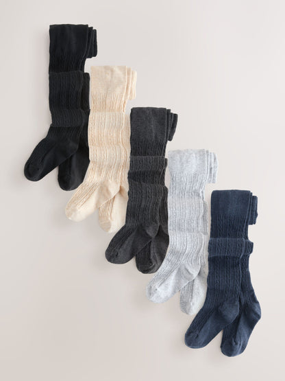 Grey Black Oatmeal and Navy Blue Cotton Rich Cable Tights 5 Pack image 1