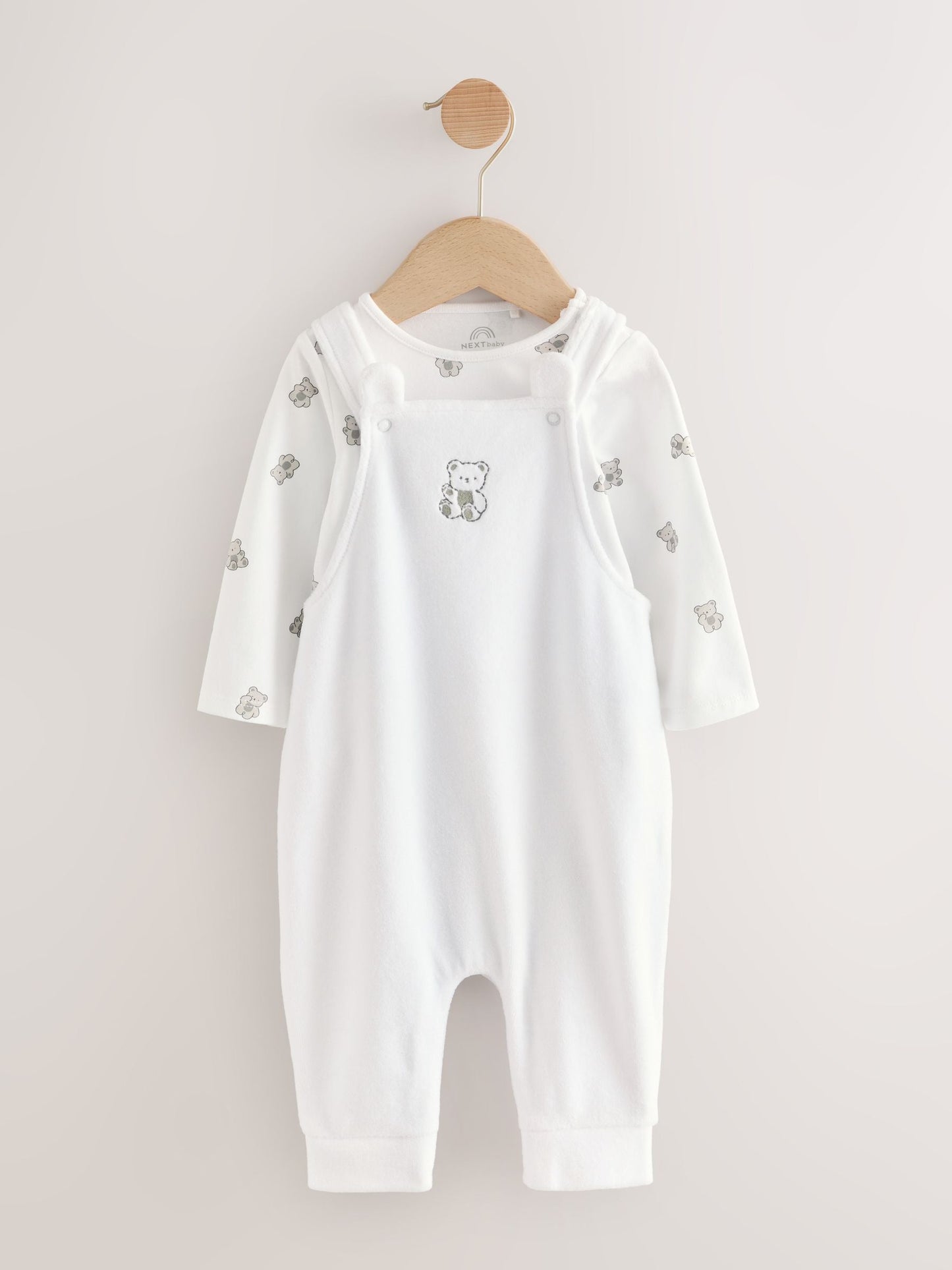 White Bear Velour Dungarees and Bodysuit Baby Set (0-12mths)
