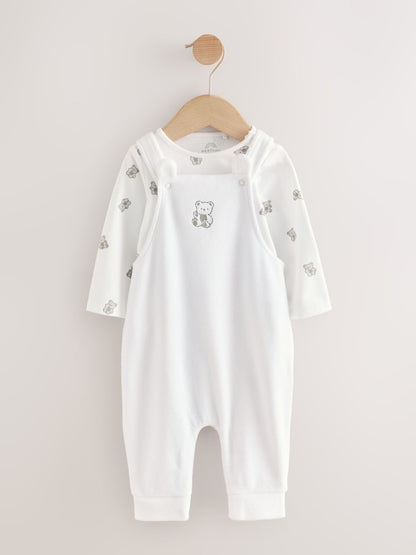 White Bear Velour Dungarees and Bodysuit Baby Set (0-12mths)