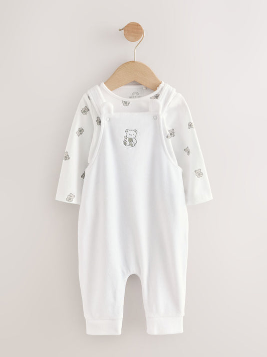 White Bear Velour Dungarees and Bodysuit Baby Set (0-12mths)