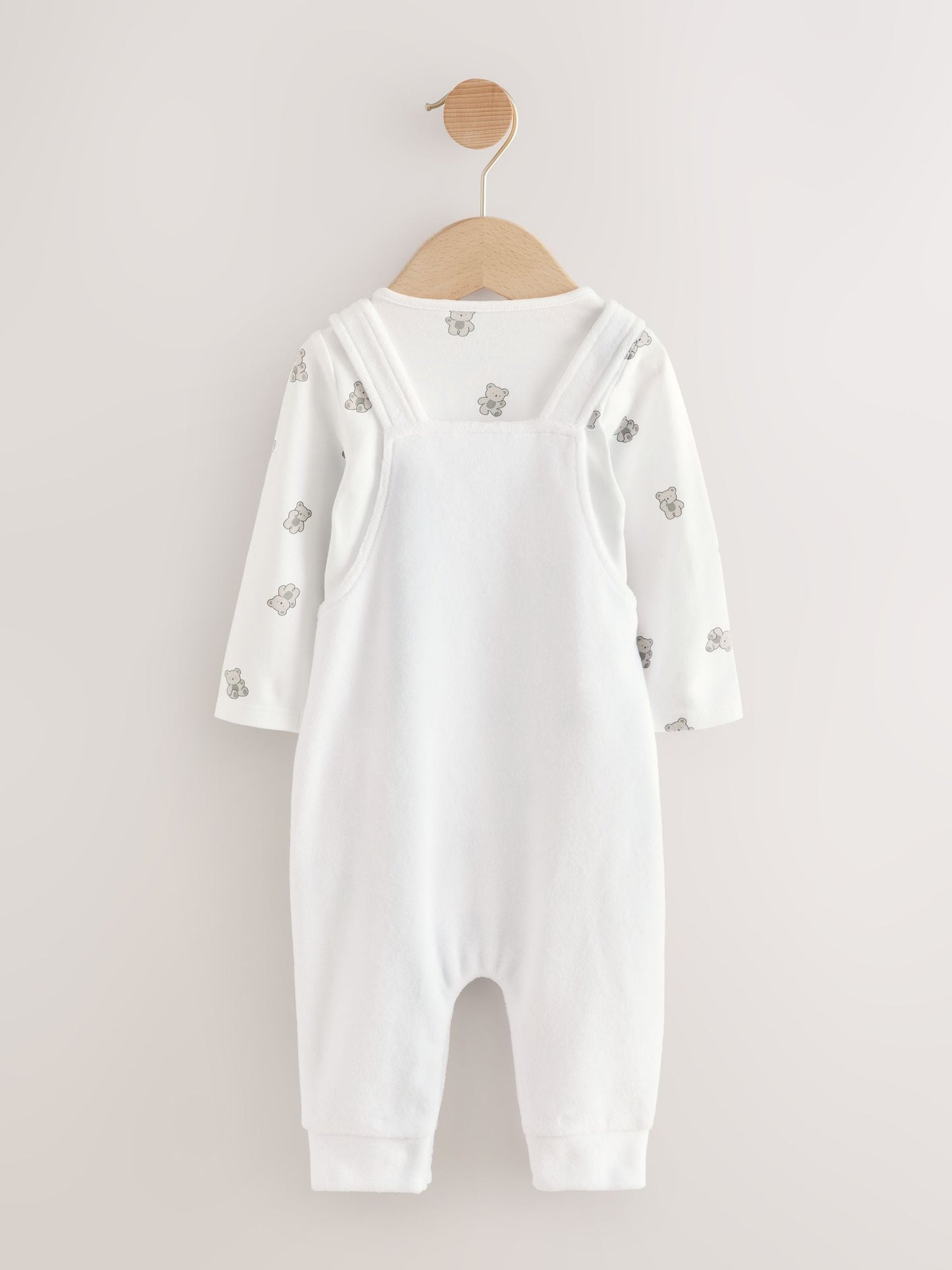 White Bear Velour Dungarees and Bodysuit Baby Set (0-12mths)