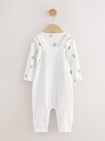 White Bear Velour Dungarees and Bodysuit Baby Set (0-12mths)