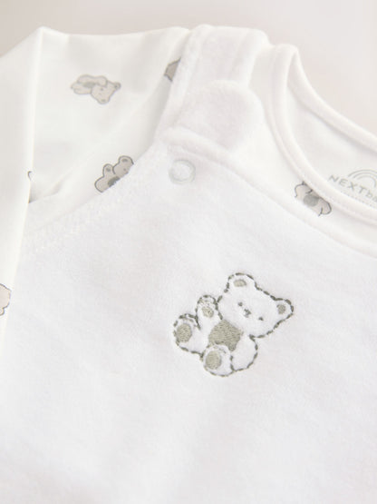 White Bear Velour Dungarees and Bodysuit Baby Set (0-12mths)