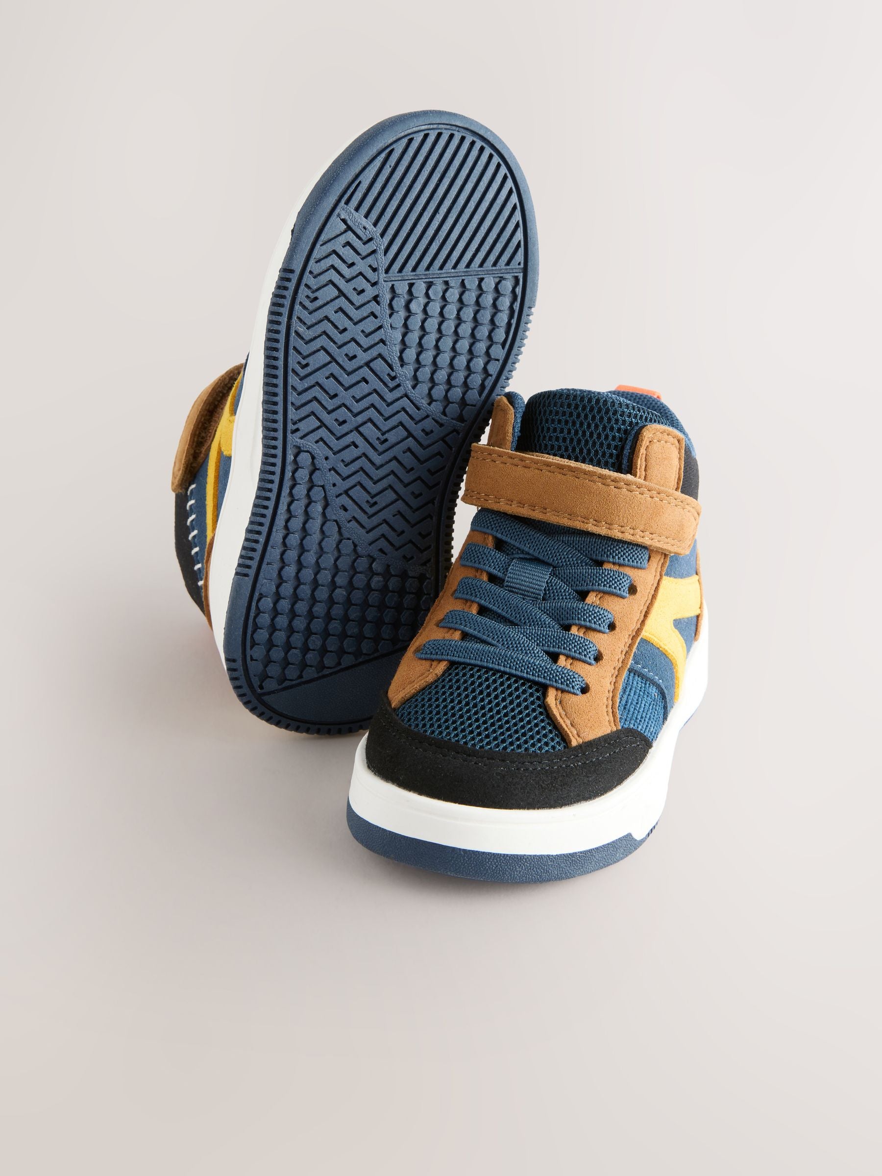 Navy/Tan Colourblock Touch Fastening Elastic Lace Hi Top Trainers image 4