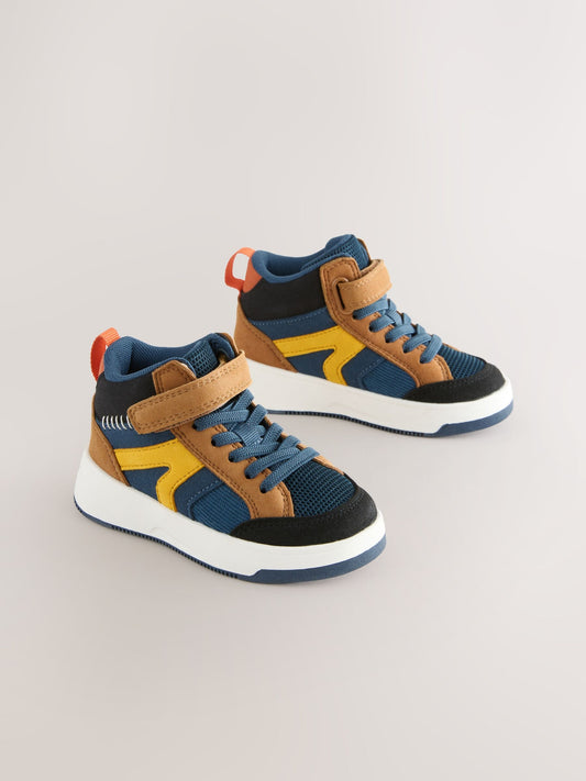 Navy/Tan Colourblock Touch Fastening Elastic Lace Hi Top Trainers image 1