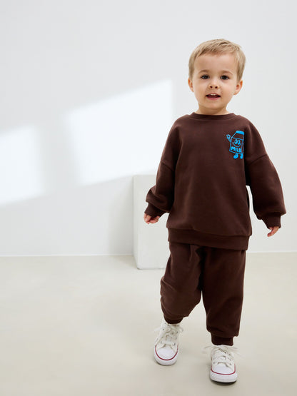 Chocolate Brown Single Printed Crew Neck Sweat Top & Joggers Set (3mths-7yrs) image 1