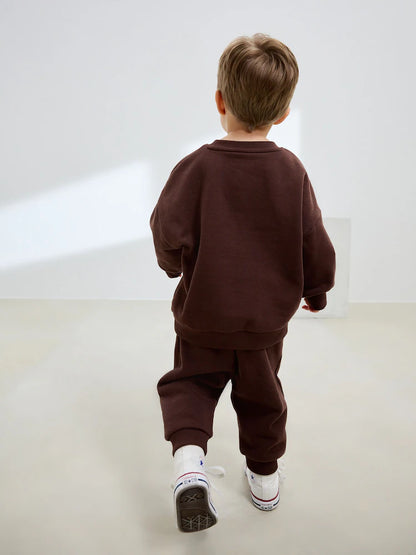 Chocolate Brown Single Printed Crew Neck Sweat Top & Jogger