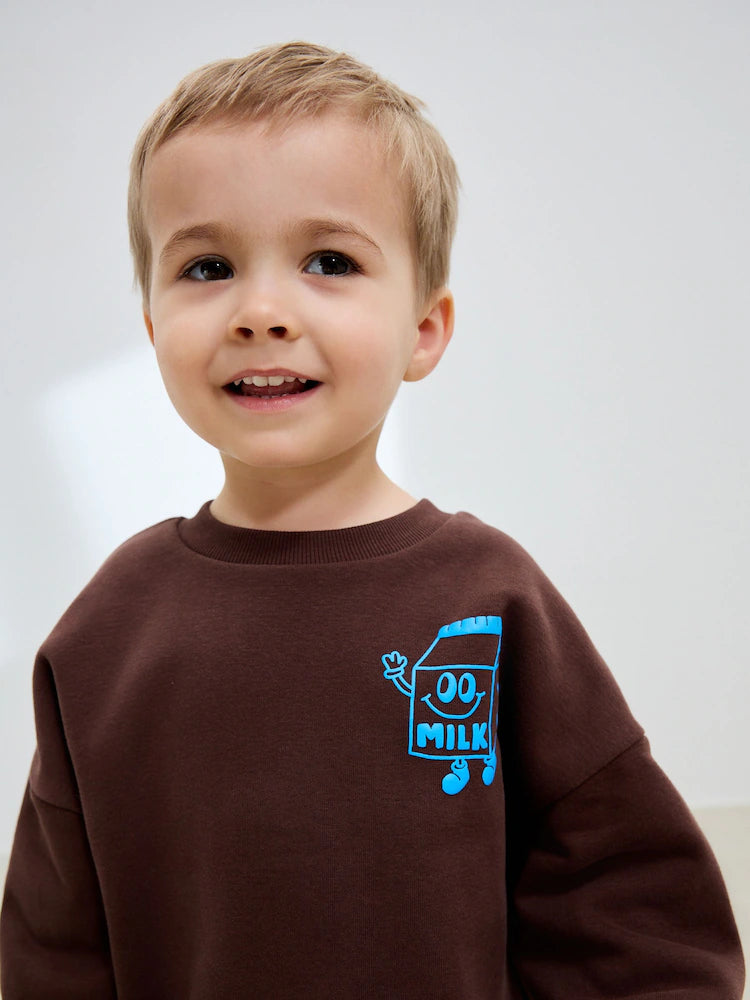 Chocolate Brown Single Printed Crew Neck Sweat Top & Jogger