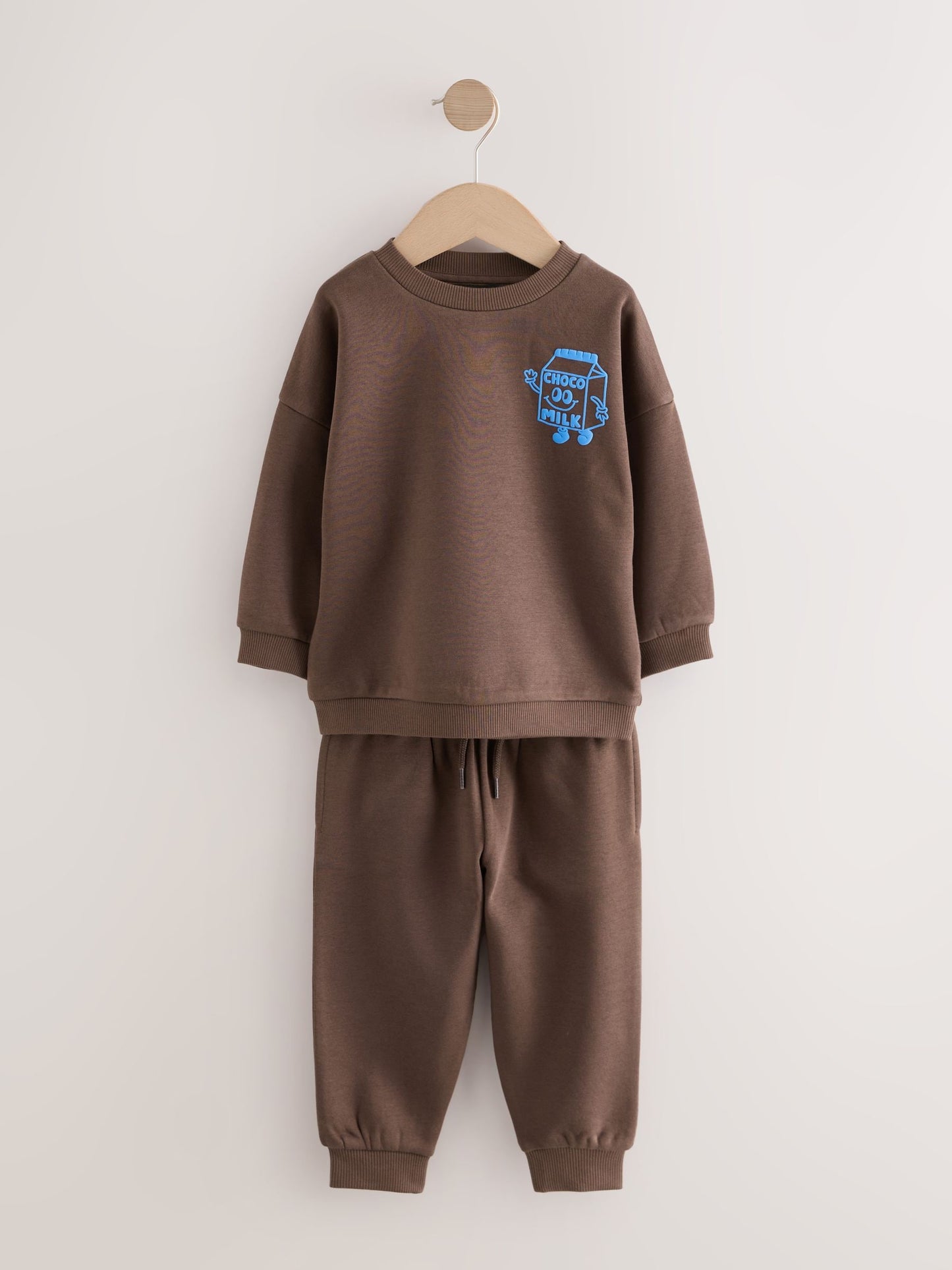 Chocolate Brown Single Printed Crew Neck Sweat Top & Joggers Set (3mths-7yrs) image 5