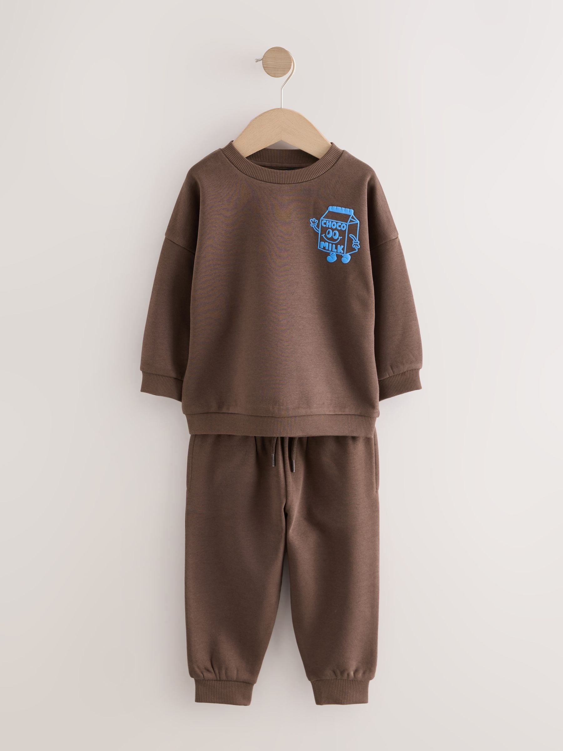 Chocolate Brown Single Printed Crew Neck Sweat Top & Joggers Set (3mths-7yrs) image 5