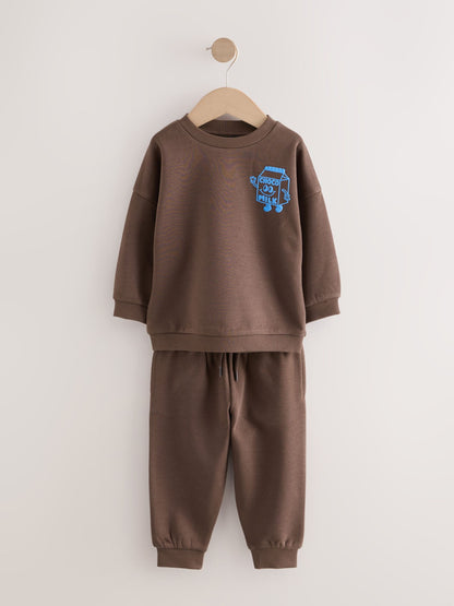 Chocolate Brown Single Printed Crew Neck Sweat Top & Joggers Set (3mths-7yrs) image 5