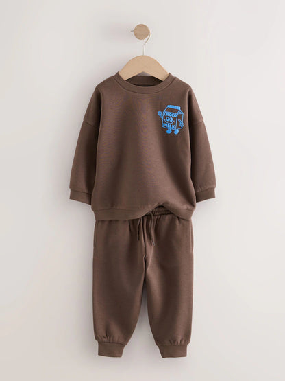 Chocolate Brown Single Printed Crew Neck Sweat Top & Jogger