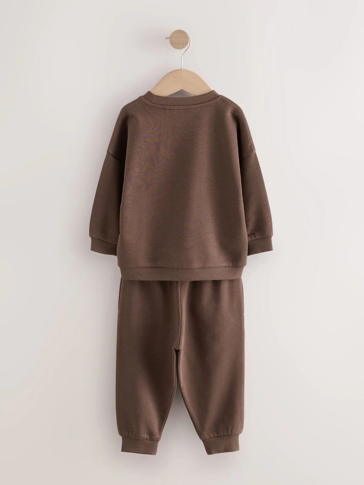 Chocolate Brown Single Printed Crew Neck Sweat Top & Jogger