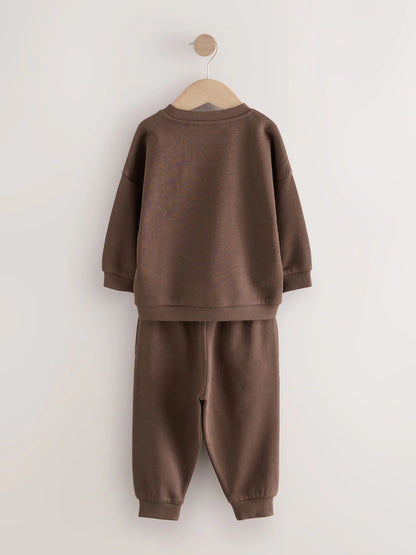 Chocolate Brown Single Printed Crew Neck Sweat Top & Jogger
