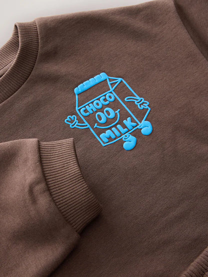 Chocolate Brown Single Printed Crew Neck Sweat Top & Jogger