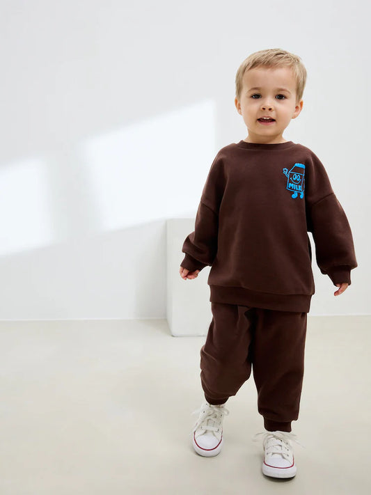 Chocolate Brown Single Printed Crew Neck Sweat Top & Jogger