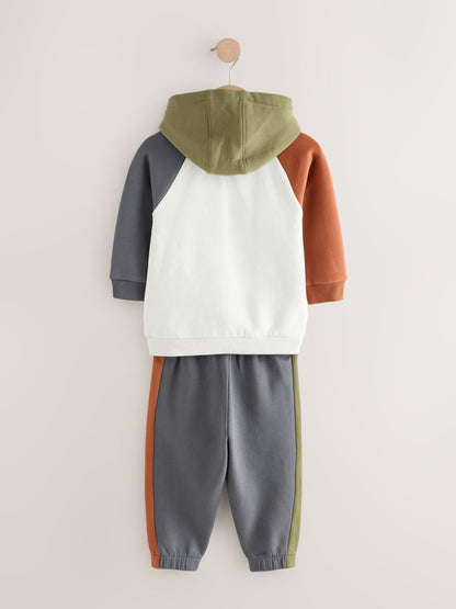 Ecru Off White and Charcoal Grey Colourblock Hoodie and Joggers Set (3mths-7yrs)