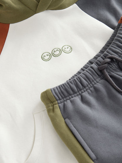 Ecru Off White and Charcoal Grey Colourblock Hoodie and Joggers Set (3mths-7yrs)