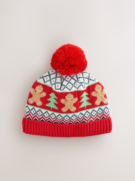 Red Gingerbread Baby Knitted Pom Christmas Beanie Hat image 1