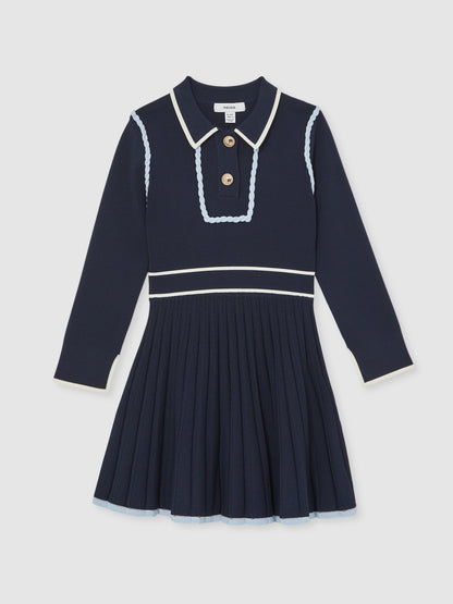 Reiss Navy Freya 3-9 yrs Piped Knitted Skater Dress image 2