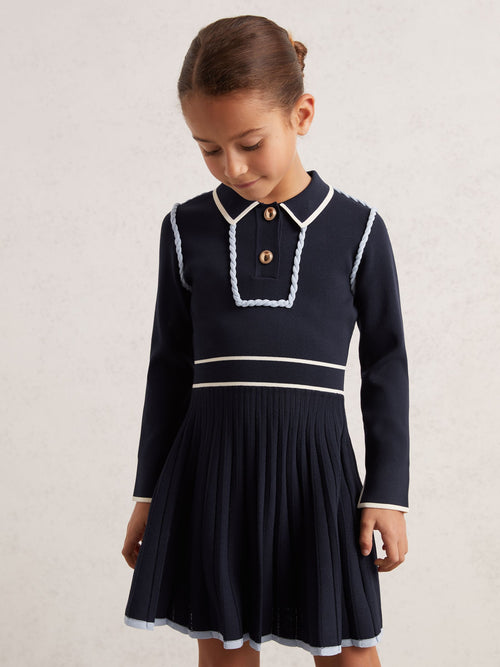 Reiss Navy Freya 3-9 yrs Piped Knitted Skater Dress image 1