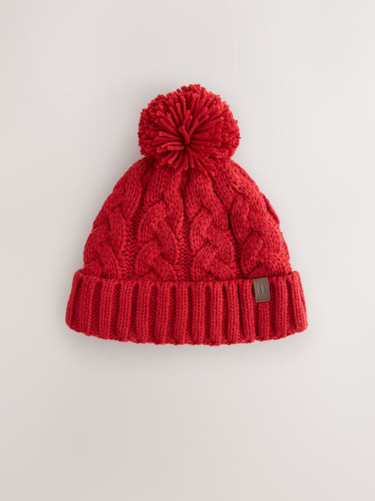 Bright Red Cable Knit Pom Hat (1-16yrs) image 1