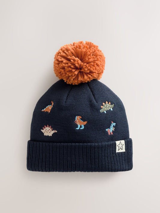 Navy/Orange Dino Embroidered Pom Beanie Hat (3mths-10yrs) image 1