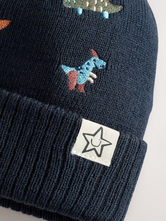 Navy/Orange Dino Embroidered Pom Beanie Hat (3mths-10yrs) image 3
