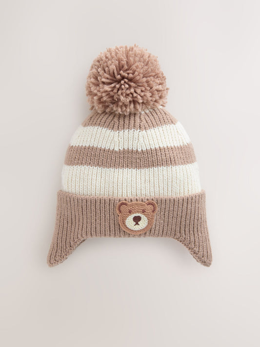 Tan/Cream Bear Ear-Cover Pom Beanie Hat (3mths-10yrs) image 1