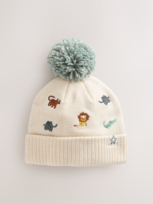 Neutral Safari Embroidered Pom Beanie Hat (3mths-10yrs) image 1