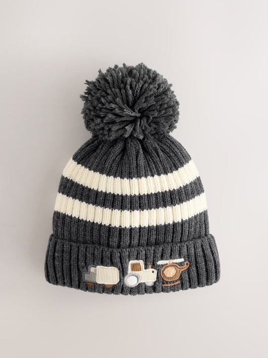 Grey/White Vehicles Embroidered Pom Beanie Hat (3mths-10yrs) image 1