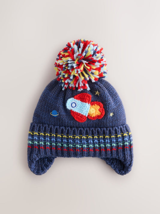 Navy Rocket Ear-Cover Pom Beanie Hat (3mths-10yrs) image 1