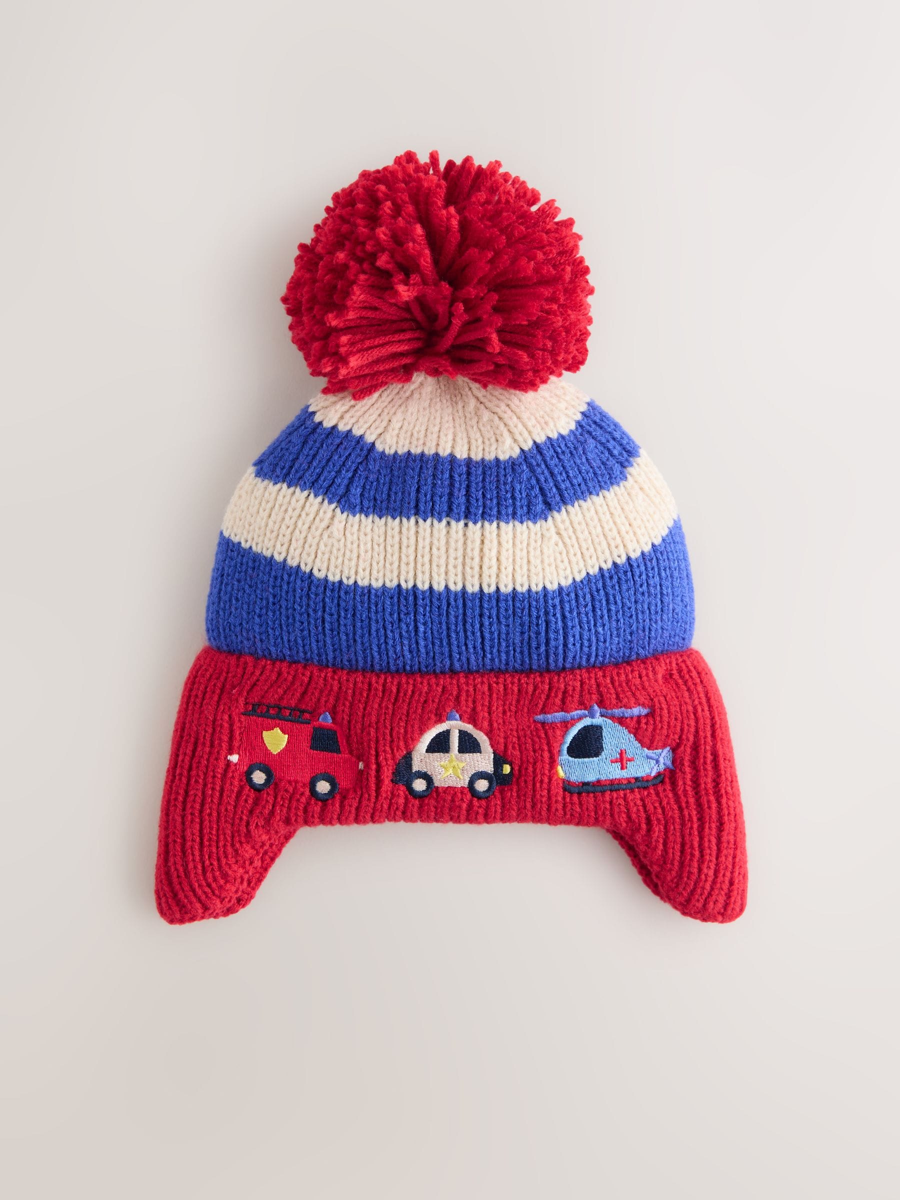 Red/Blue Emergency Vehicles Ear-Cover Pom Beanie Hat (3mths-10yrs) image 1