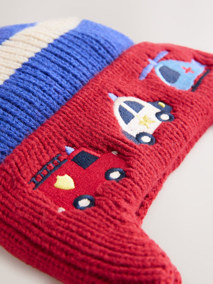 Red/Blue Emergency Vehicles Ear-Cover Pom Beanie Hat (3mths-10yrs) image 3