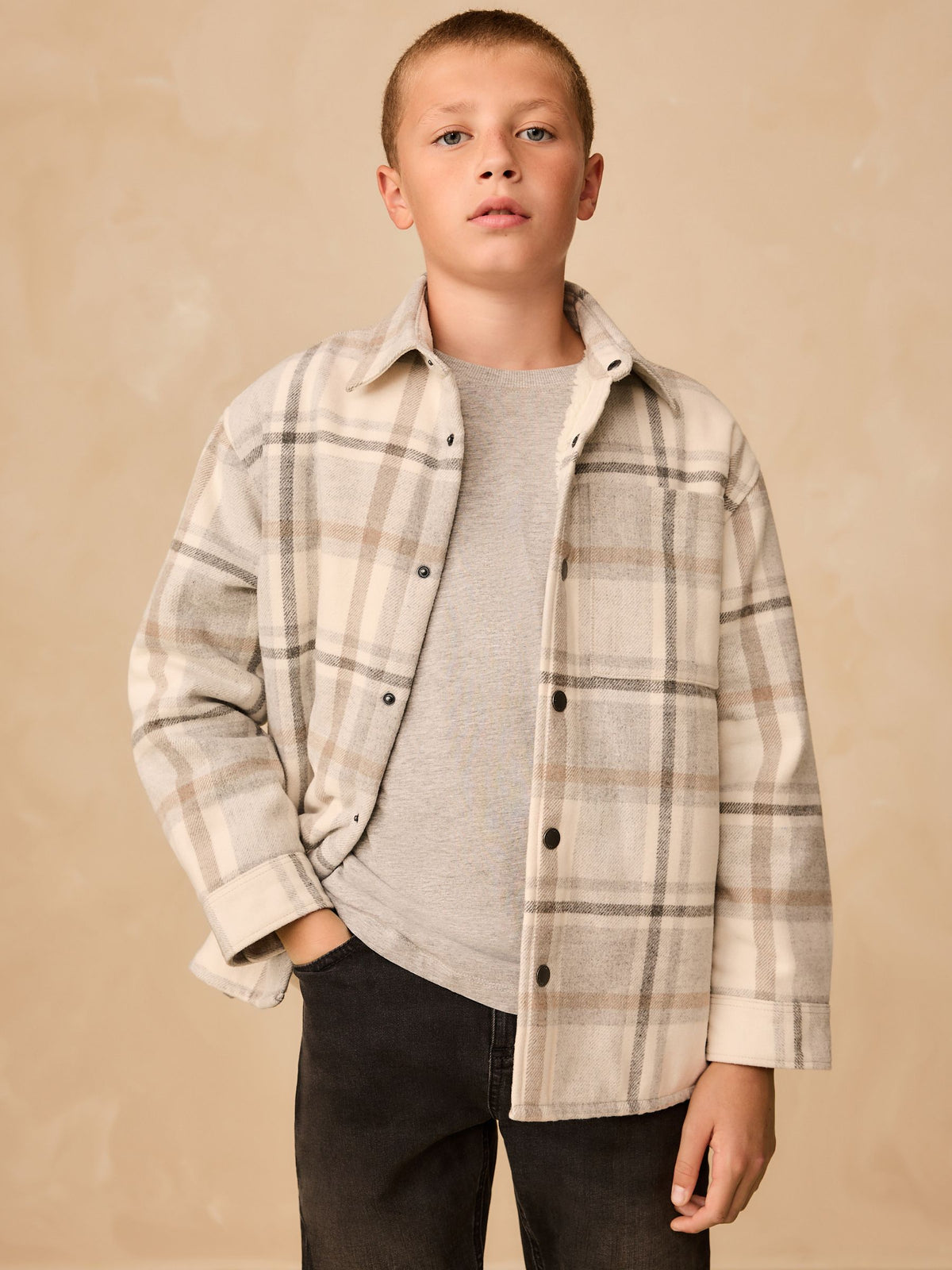 Neutral Check Borg Lined Lined Shacket (3-16yrs) - image 1