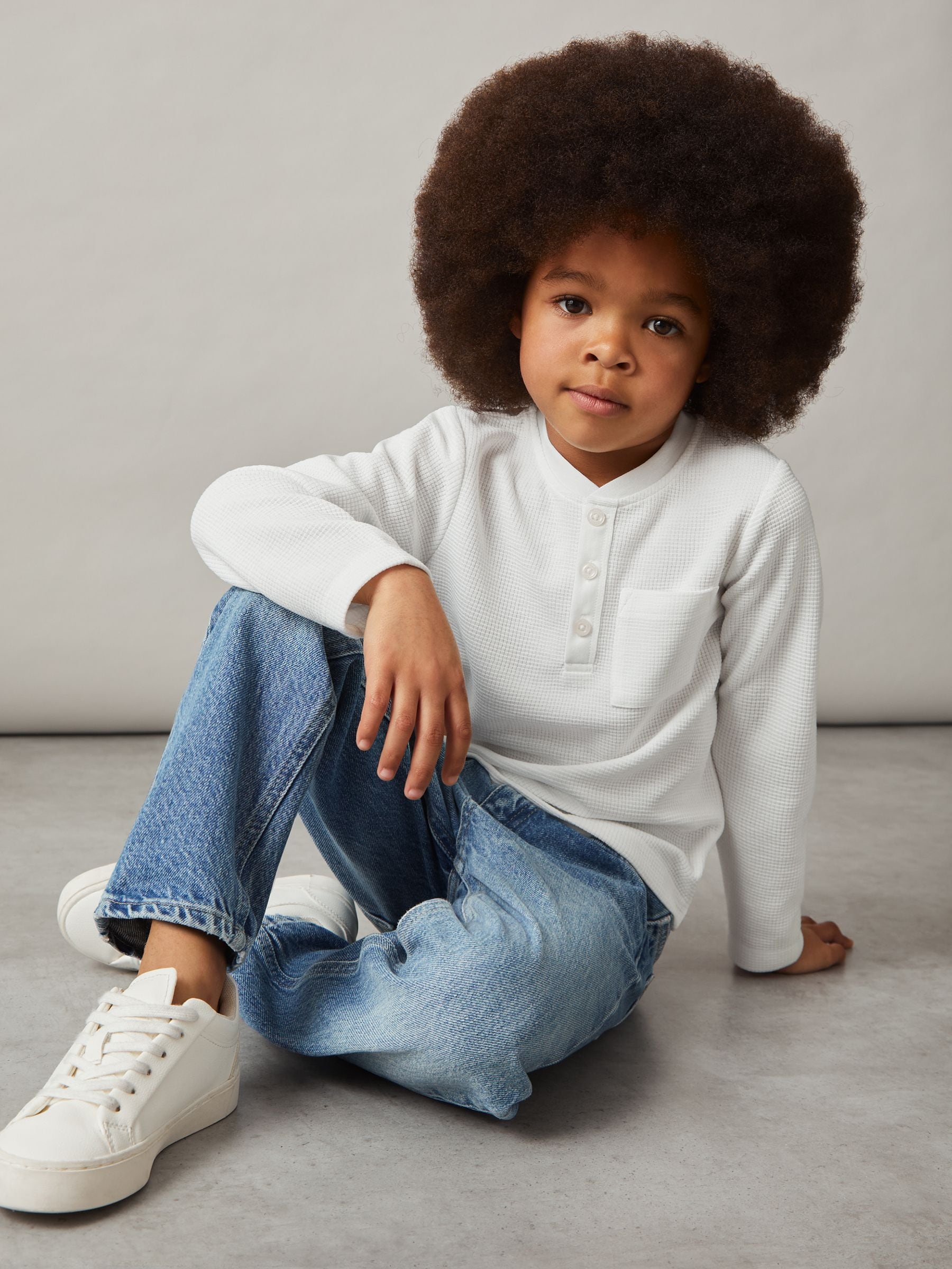 Dsiney Kidz - Reiss White David 3-9 yrs Cotton-Blend Waffle Henley T-Shirt image 1