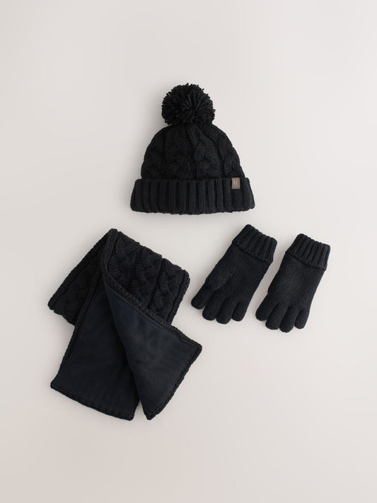 Black Cable Knit Hat Gloves & Scarf 3 Piece Set (3-16yrs) image 1