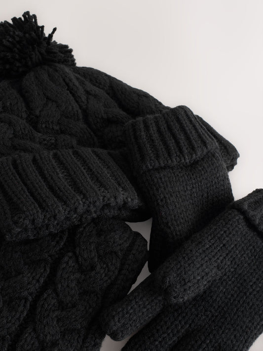 Black Cable Knit Hat Gloves & Scarf 3 Piece Set (3-16yrs) image 3