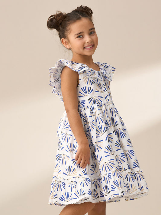 Angel & Rocket Blue Lina Frill Neck Print 100% Cotton Dress image 1