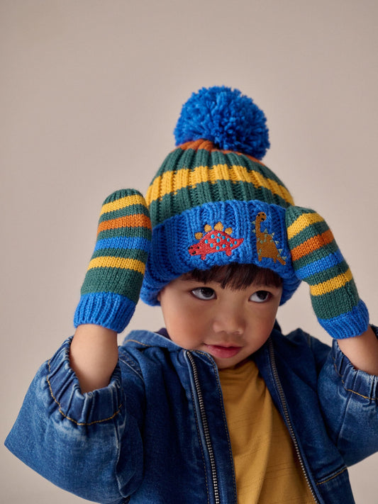 Multi Colour Embroidered Pom Beanie Hat & Mittens 2 Piece Set (3mths-10yrs) image 1